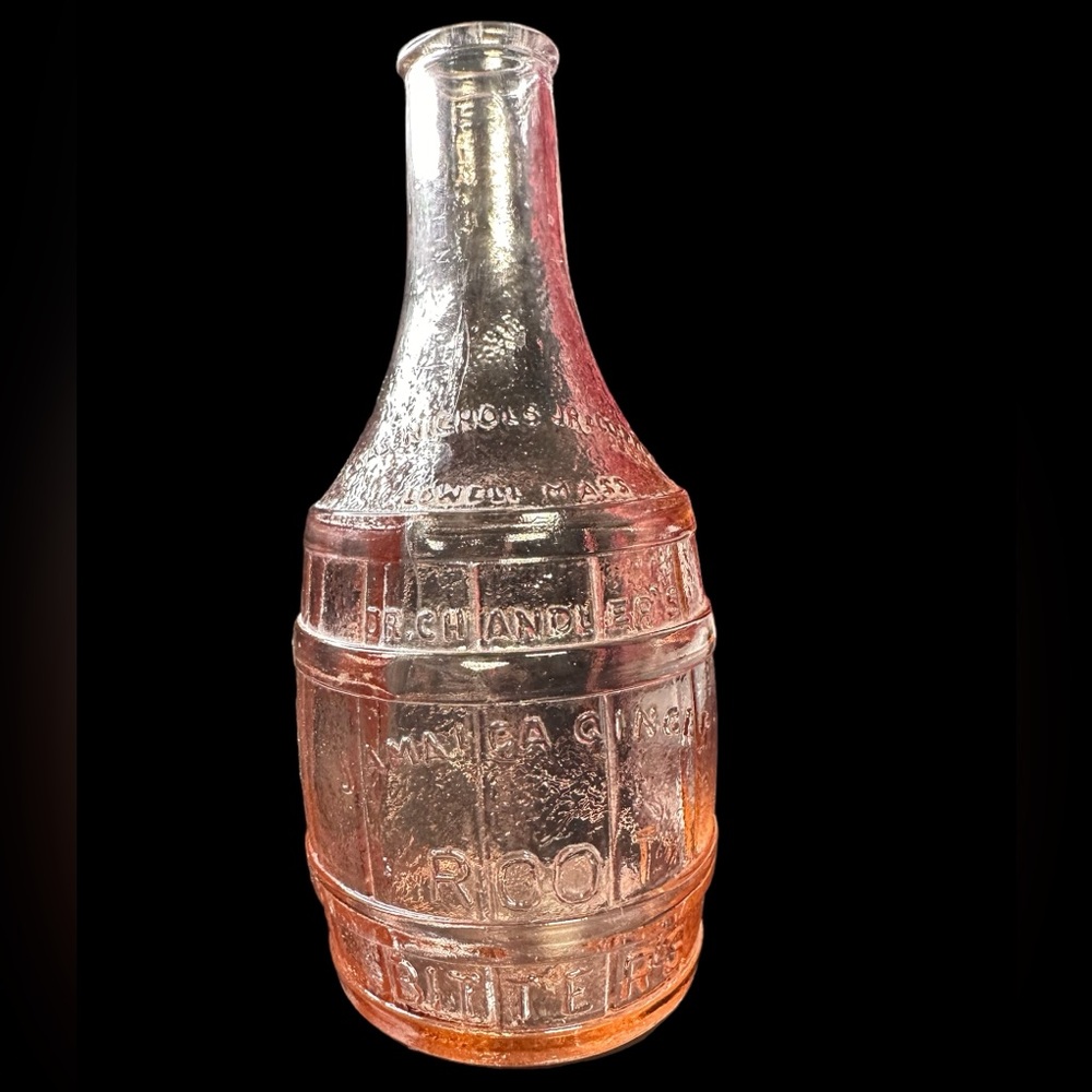 Vintage Pink Glass Dr. Chandler’s Jamaica Ginger Root Bitters Barrel Bottle 8”